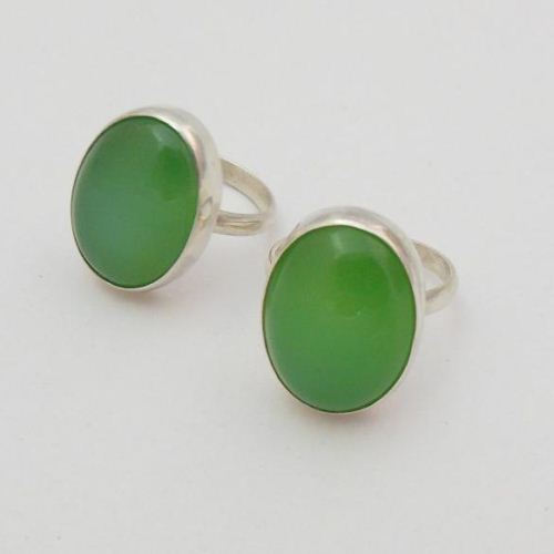Apple green oval chalcedony ring, Oval gemstone silver ring