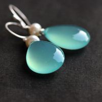 Aqua Blue earrings, Pearl earrings, Chalcedony dangle silver earrings