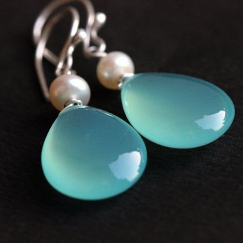 Aqua Blue earrings, Pearl earrings, Chalcedony dangle silver earrings