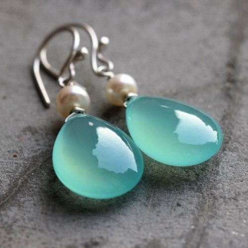 Aqua Blue earrings, Pearl earrings, Chalcedony dangle silver earrings
