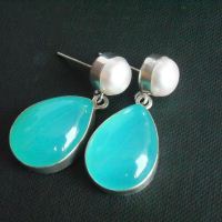 Aqua blue chalcedony earrings, Pearl stud silver earrings