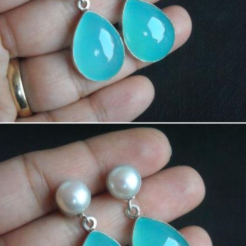 Aqua blue chalcedony earrings, Pearl stud silver earrings