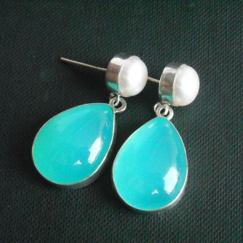 Aqua blue chalcedony earrings, Pearl stud silver earrings