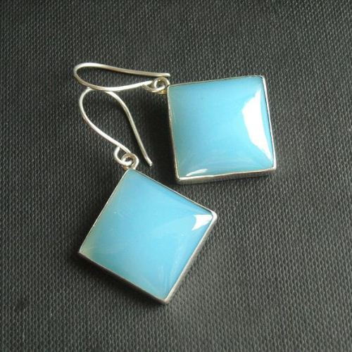 Aqua blue chalcedony earrings, Silver dangle earrings, Square stone