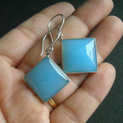 Aqua blue chalcedony earrings, Silver dangle earrings, Square stone