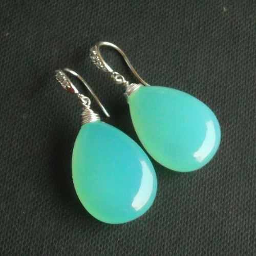 Aqua blue chalcedony pendant earrings set, Wire wrapped silver set