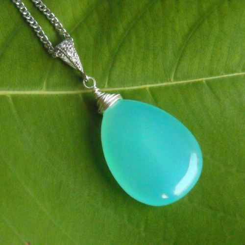 Aqua blue chalcedony pendant earrings set, Wire wrapped silver set