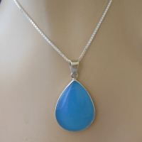 Aqua blue chalcedony pendant necklace, Tear drop silver pendant chain