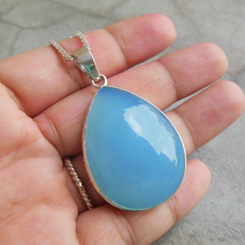 Aqua blue chalcedony pendant necklace, Tear drop silver pendant chain