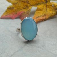 Aqua blue chalcedony ring, 20mm x 16mm oval cab sterling silver ring