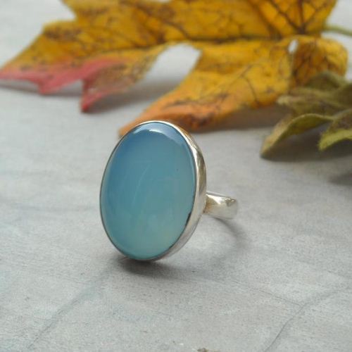 Aqua blue chalcedony ring, 20mm x 16mm oval cab sterling silver ring