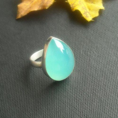 Aqua blue chalcedony ring, Tear drop ring, Blue stone silver ring