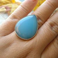 Aqua blue chalcedony ring, Drop gemstone silver handmade ring