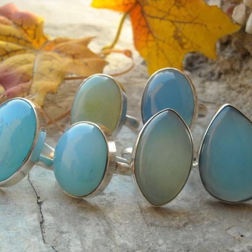 Aqua blue chalcedony ring, Drop gemstone silver handmade ring