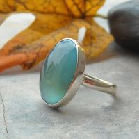 Aqua blue chalcedony ring, Oval gemstone handmade silver ring