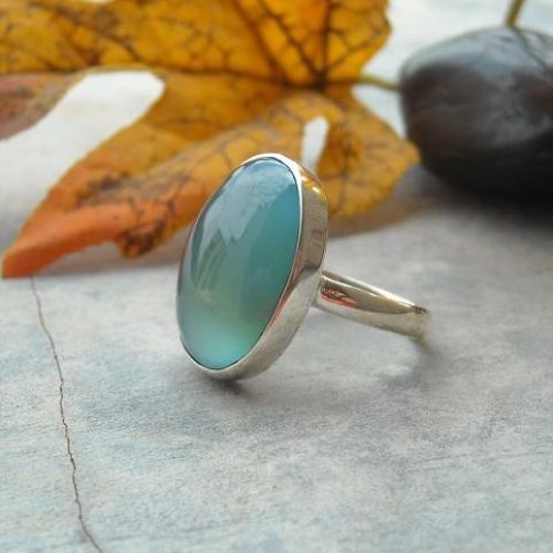 Aqua blue chalcedony ring, Oval gemstone handmade silver ring