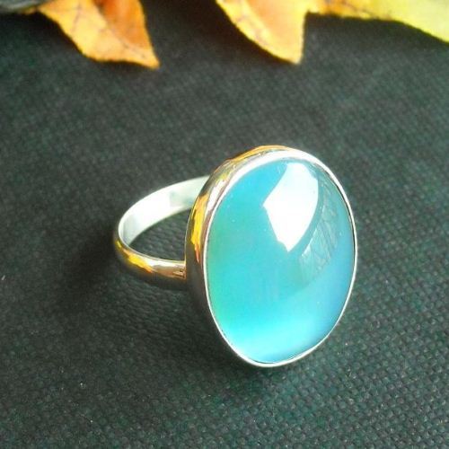 Aqua blue chalcedony ring, Oval gemstone handmade silver ring