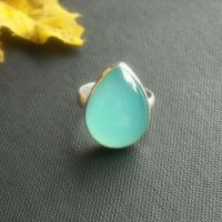 Aqua blue chalcedony ring, Tear drop gemstone artisan silver ring