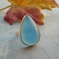 Aqua blue chalcedony ring, Tear drop gemstone handmade silver ring