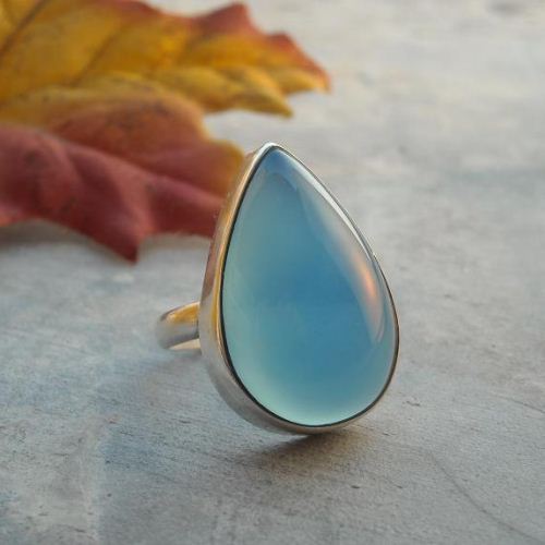 Aqua blue chalcedony ring, Tear drop gemstone handmade silver ring