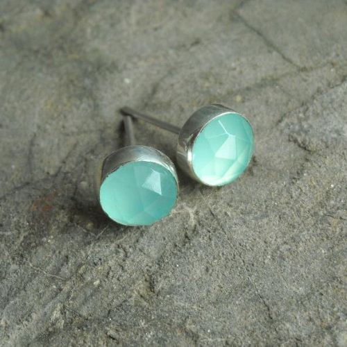 Aqua blue chalcedony stud earrings, Silver stud earrings