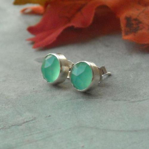 Aqua blue chalcedony stud earrings, Silver stud earrings