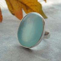 Aqua chalcedony ring, Aqua bold oval artisan silver ring