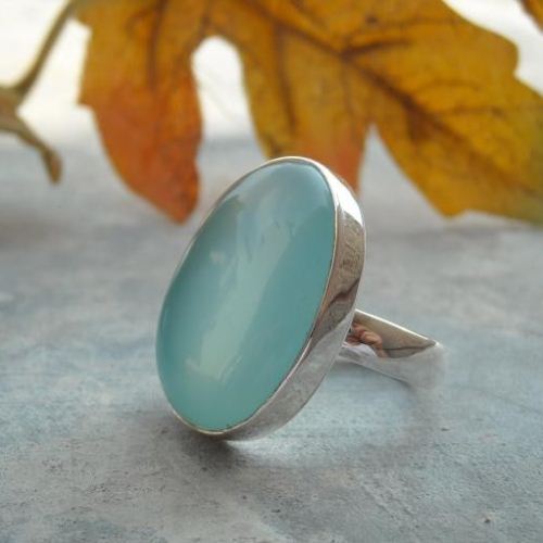 Aqua chalcedony ring, Aqua bold oval artisan silver ring