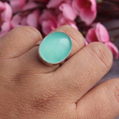Aqua chalcedony sterling silver gemstone ring, Oval gemstone ring