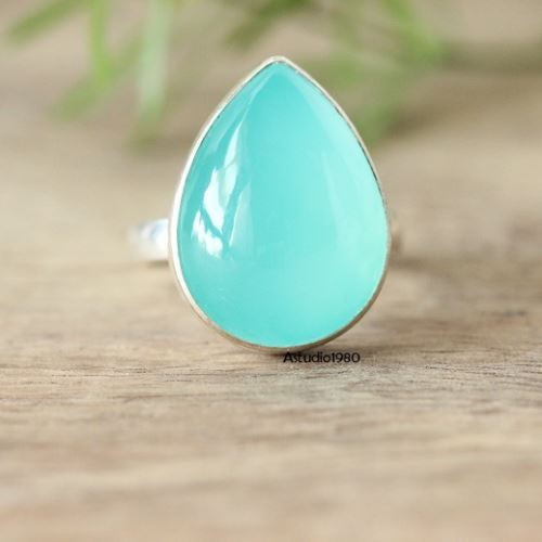 Aqua ring, Aqua blue chalcedony ring, Tear drop bold silver ring
