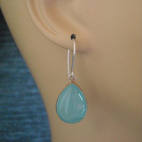 Aqua tear drop earrings, Aqua blue chalcedony silver hook earrings