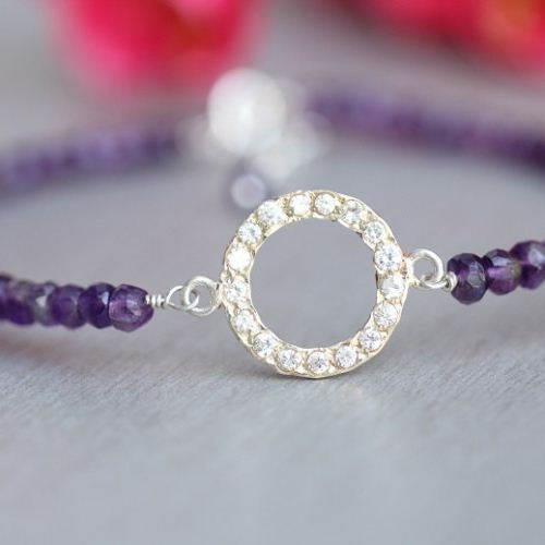 Artisan Amethyst bracelet, Beaded silver bracelet handmade