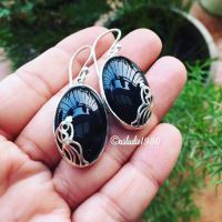 Artisan black onyx earrings, Black oval earrings sterling silver artisan