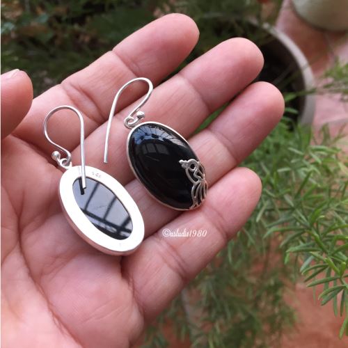 Artisan black onyx earrings, Black oval earrings sterling silver bezel