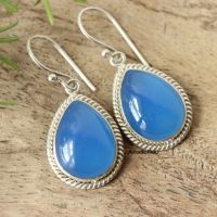Artisan Bridal earrings, Blue gemstone chalcedony silver earrings