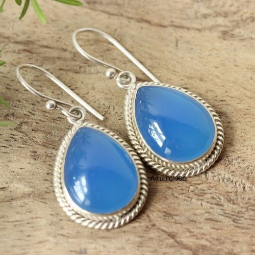 Artisan Bridal earrings, Blue gemstone chalcedony silver earrings