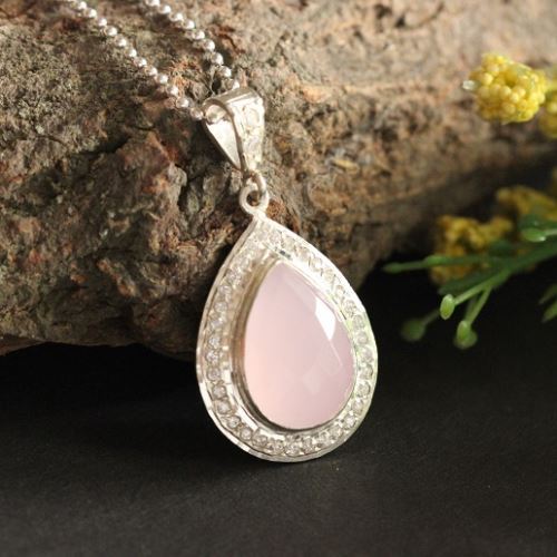 Artisan Bridal pink Pendant - Silver chalcedony drop pendant