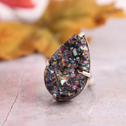 Artisan Druzy Ring, Titanium Druzy quartz silver ring, Big bold