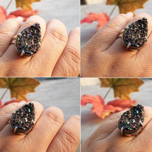 Artisan Druzy Ring, Titanium Druzy quartz silver ring, Big bold
