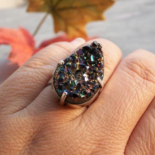 Artisan Druzy Ring, Titanium Druzy quartz silver ring, Big bold