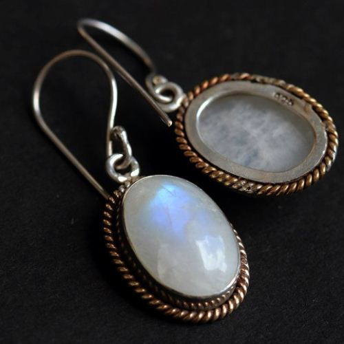 Artisan Earrings - Dual tone 18k Gold  Silver - Rainbow Moonstone
