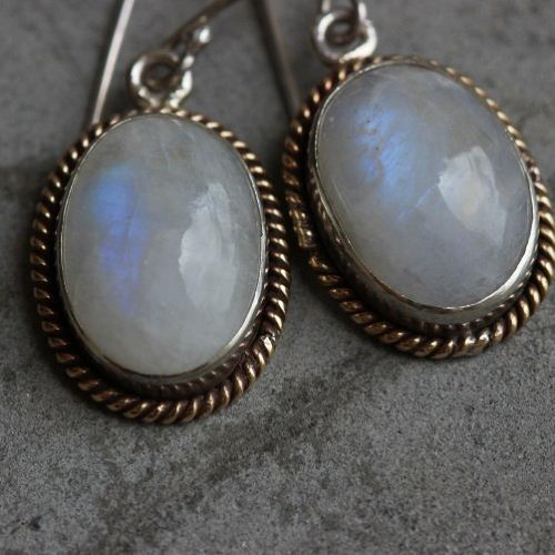 Artisan Earrings - Dual tone 18k Gold  Silver - Rainbow Moonstone