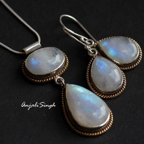 Artisan Earrings - Dual tone 18k Gold  Silver - Rainbow Moonstone