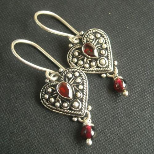 Artisan Ethnic Garnet heart sterling silver gemstone earrings
