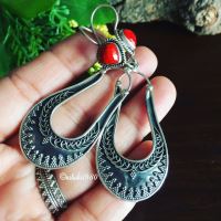 Ethnic artisan jewelry earrings, Coral tribal sterling silver jewelry