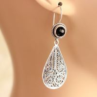 Artisan Filigree Black onyx handmade gemstone silver earrings