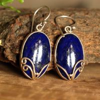 Blue lapis cabochon earrings, 925 Sterling silver fish hook earrings