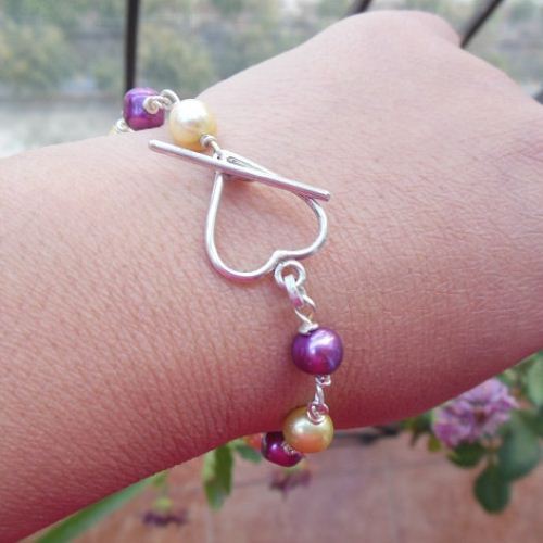 Artisan Pearl bracelet, Handmade gemstone heart silver bracelet