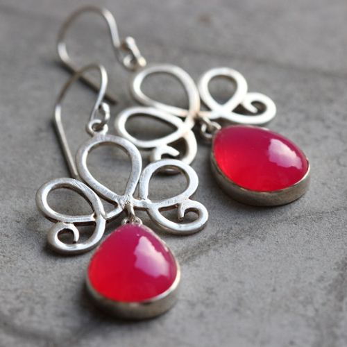 Artisan Pink earrings, Bridal earrings, Chalcedony silver earrings