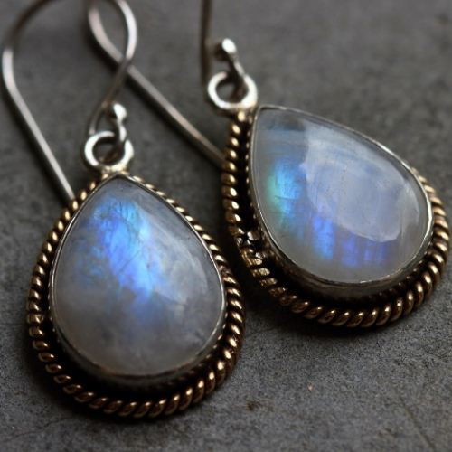 Artisan Rainbow Moonstone Earrings - Dual tone 18k Gold Silver 